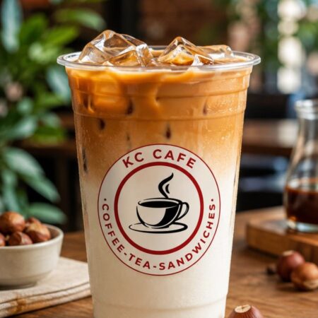 Iced hazelnut latte served in Brooklyn NY